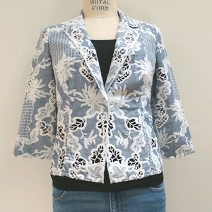Chico's Blue Cotton Cropped Embroidered Jacket